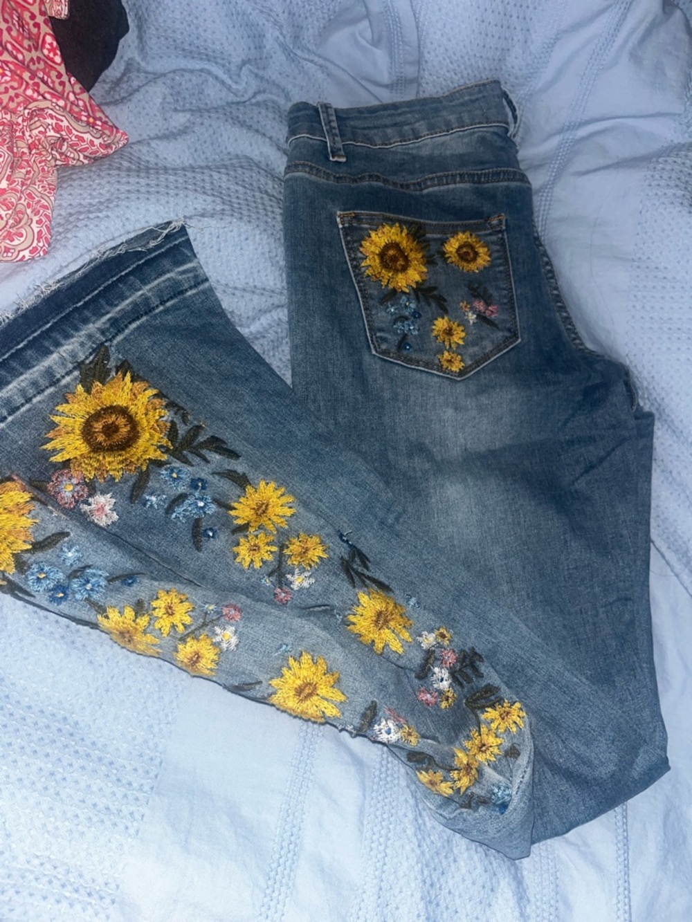 Embroidered Sunflower Women's Bell Bottom Jeans - Yellow Floral Detail - Size L